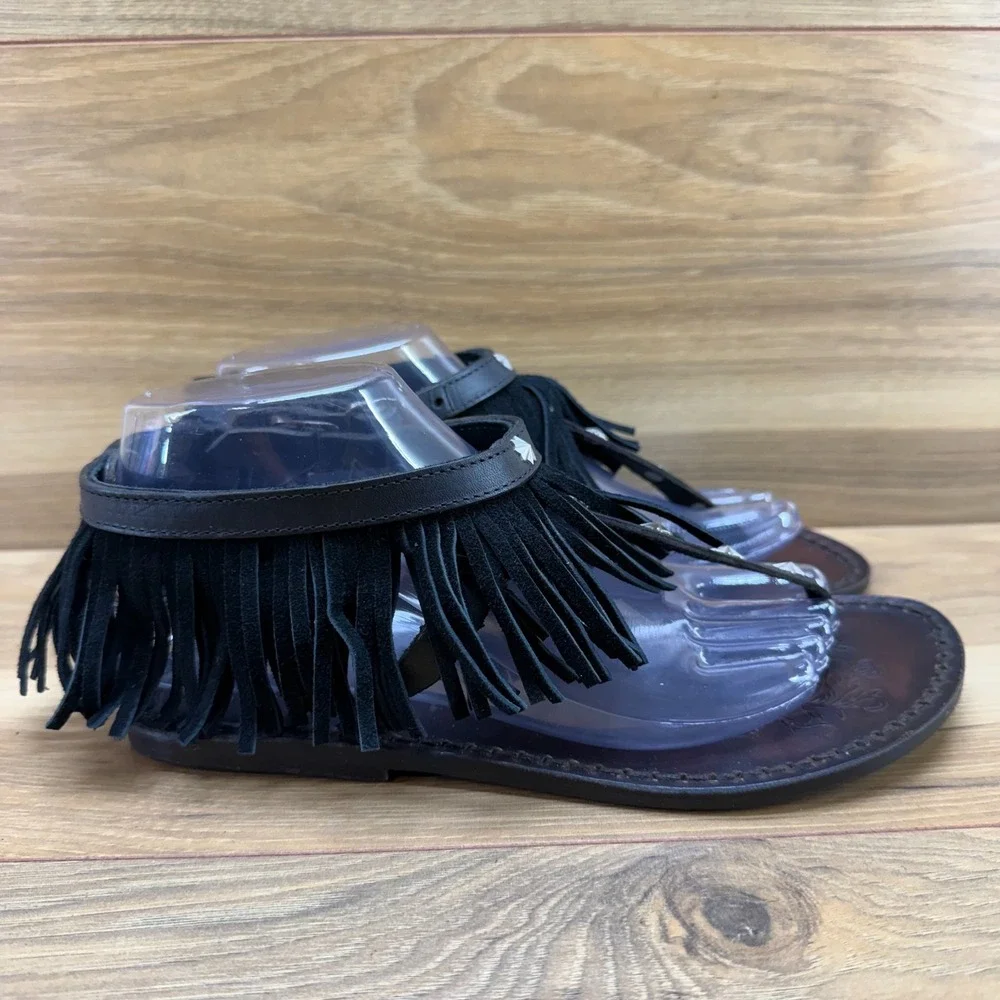 El Campero‎ Fringe Sandals Womens 7 EU 37 T Strap Ankle Strap Studs ITALY Black